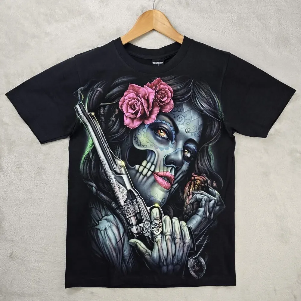 Thanabat Zombie Girl Shirt Small Glow In Dark AOP Dia De Los Muertos Sugar Skull - Picture 1 of 6